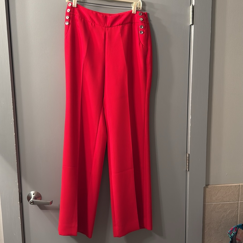 White House Black Market Red Wide-Leg Trousers with Button Detail